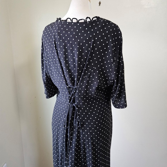 Vtg 90s Debra Martin Polka Dot Dress Button Front Scalloped Neck Lace Up Back 14 - Picture 6 of 8